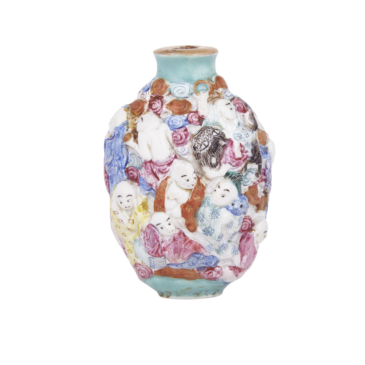A Famille Rose Molded Porcelain Snuff Bottle, Qianlong Mark and Late 19th Century 