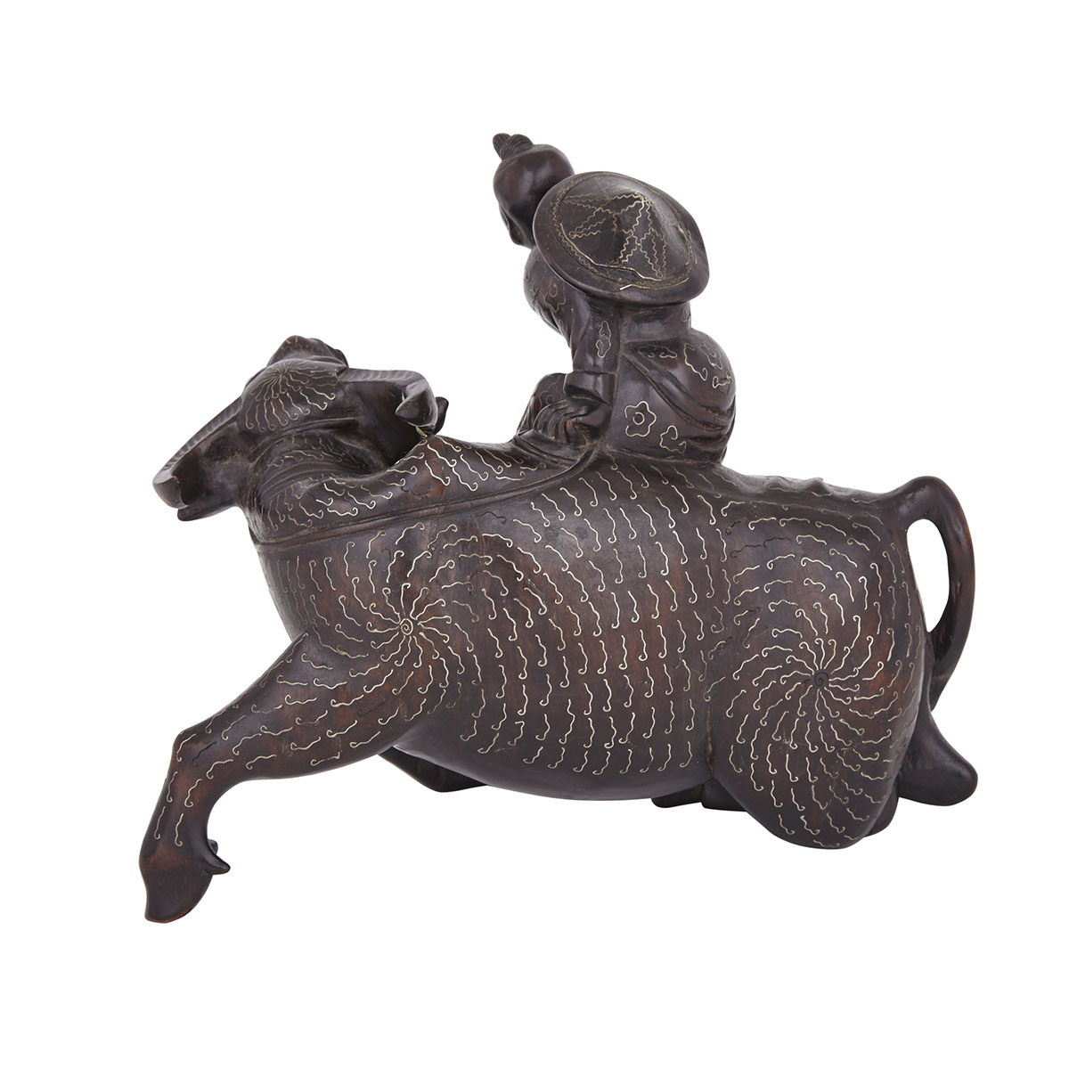 A Carved Silver Inlaid Wood Bull and Boy, Republic Period