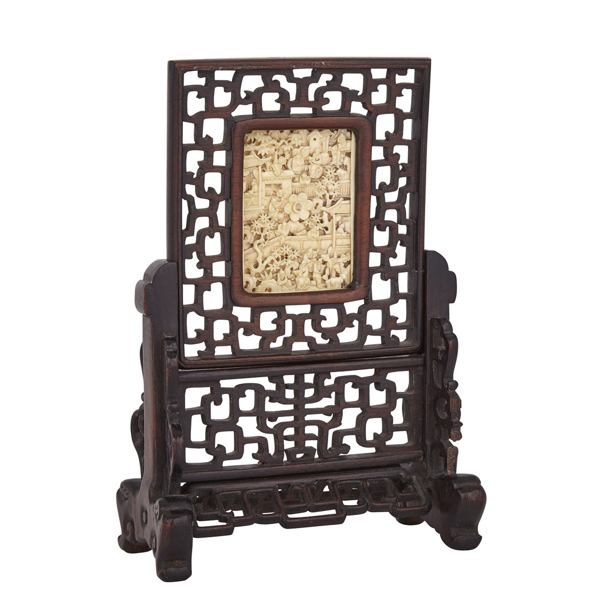 A Finely Carved Ivory and Rosewood Table Screen, Qing Dynasty, 19th Century