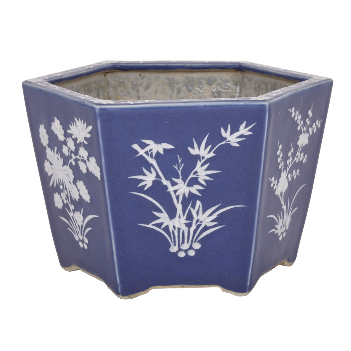 A Chinese Blue-Ground and White- Slip Decorated Planter, Republic Period (1911-1949)