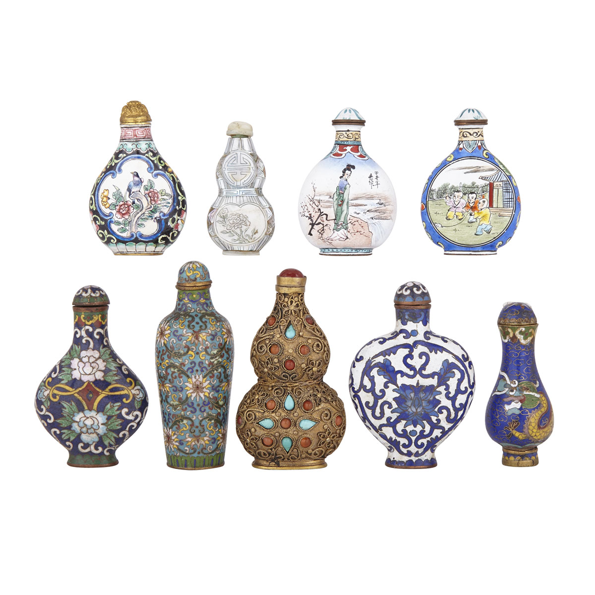 Group of Nine Snuff Bottles, 19th to 20th Century