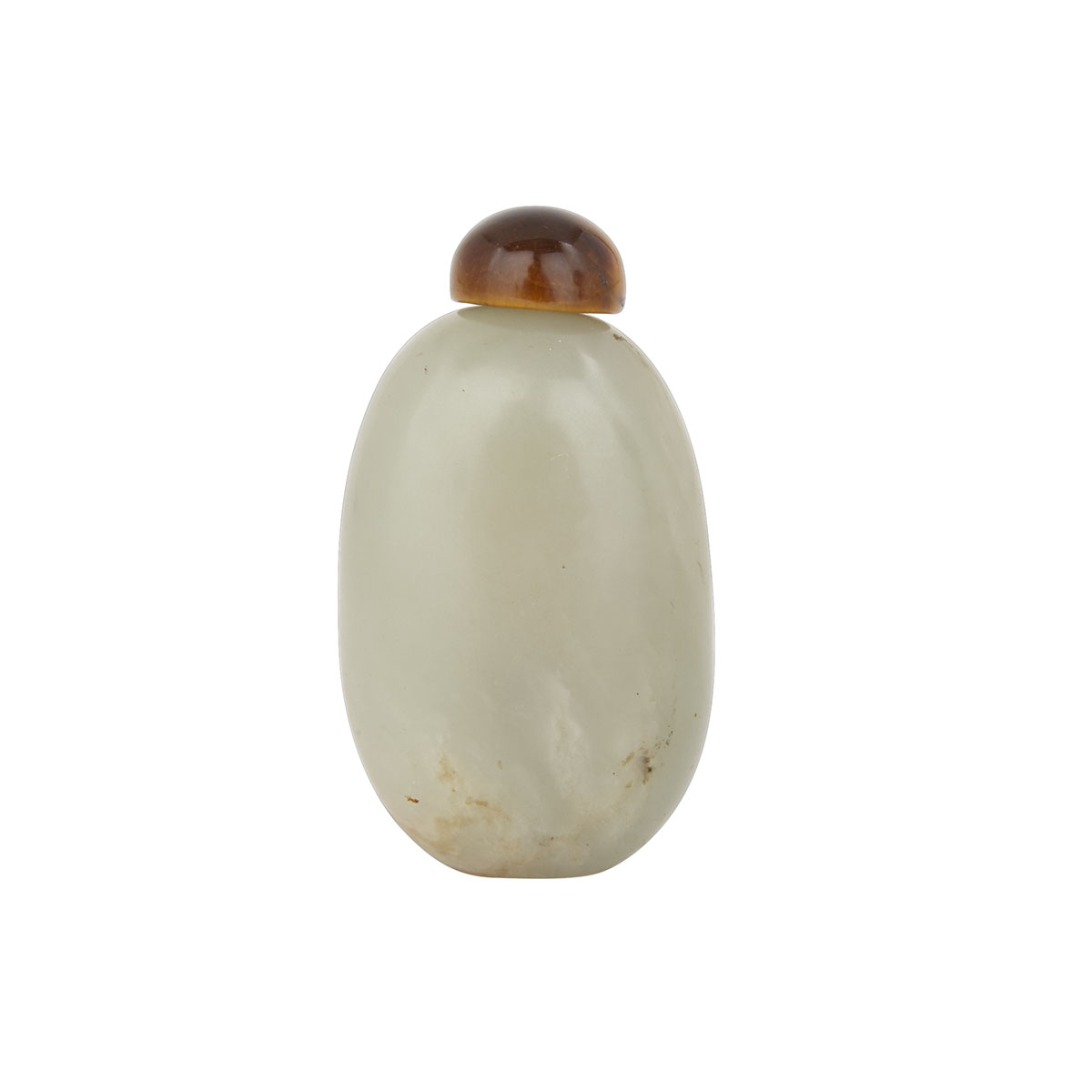 A Celadon Jade Snuff Bottle with a Tiger’s Eye Stopper, 19th Century