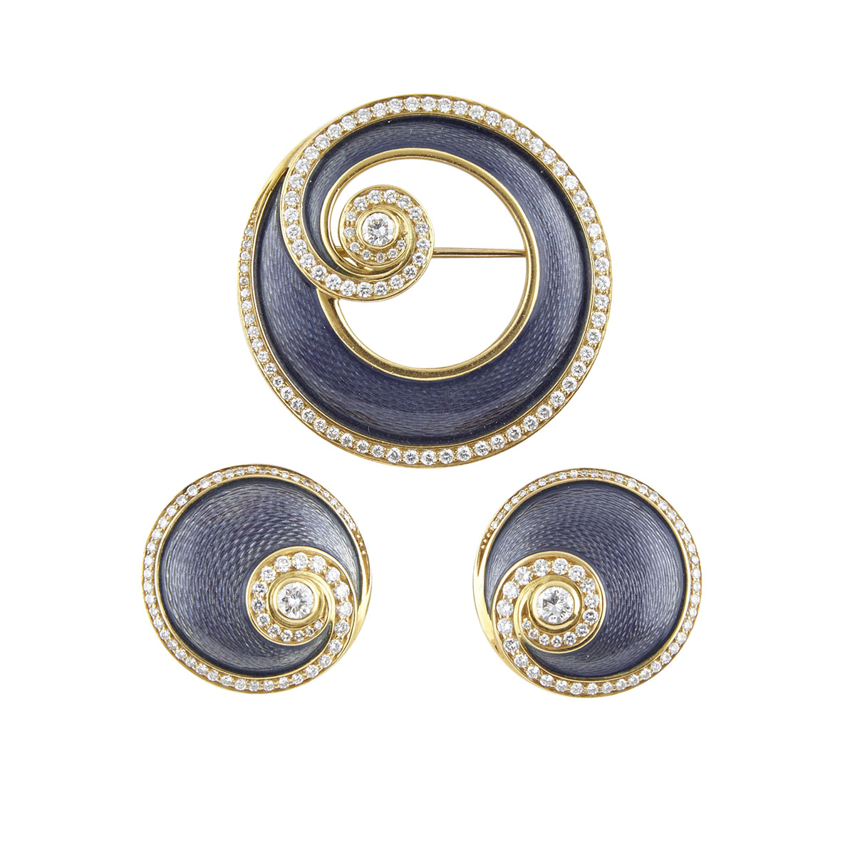 English 18k Yellow Gold Circular Brooch And Clip-Back Earring Suite