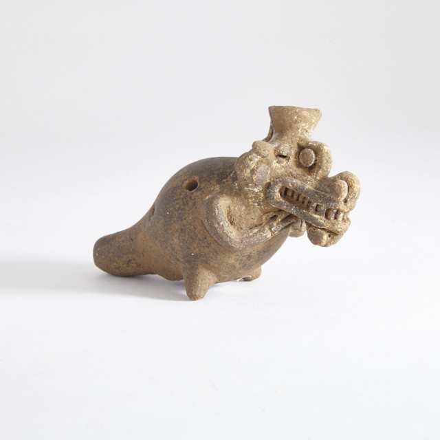Guanacaste Pottery Animal Form Ocarina, Classic Period, 300 B.C. - 300 A.D.