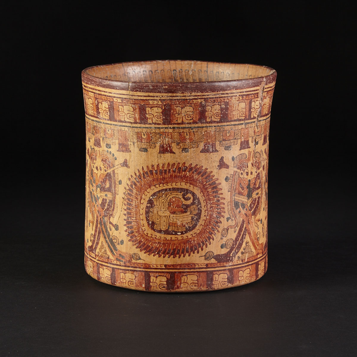 Mayan Polychromed Cylinder Pot, Late Classic Period, 600-800 A.D.