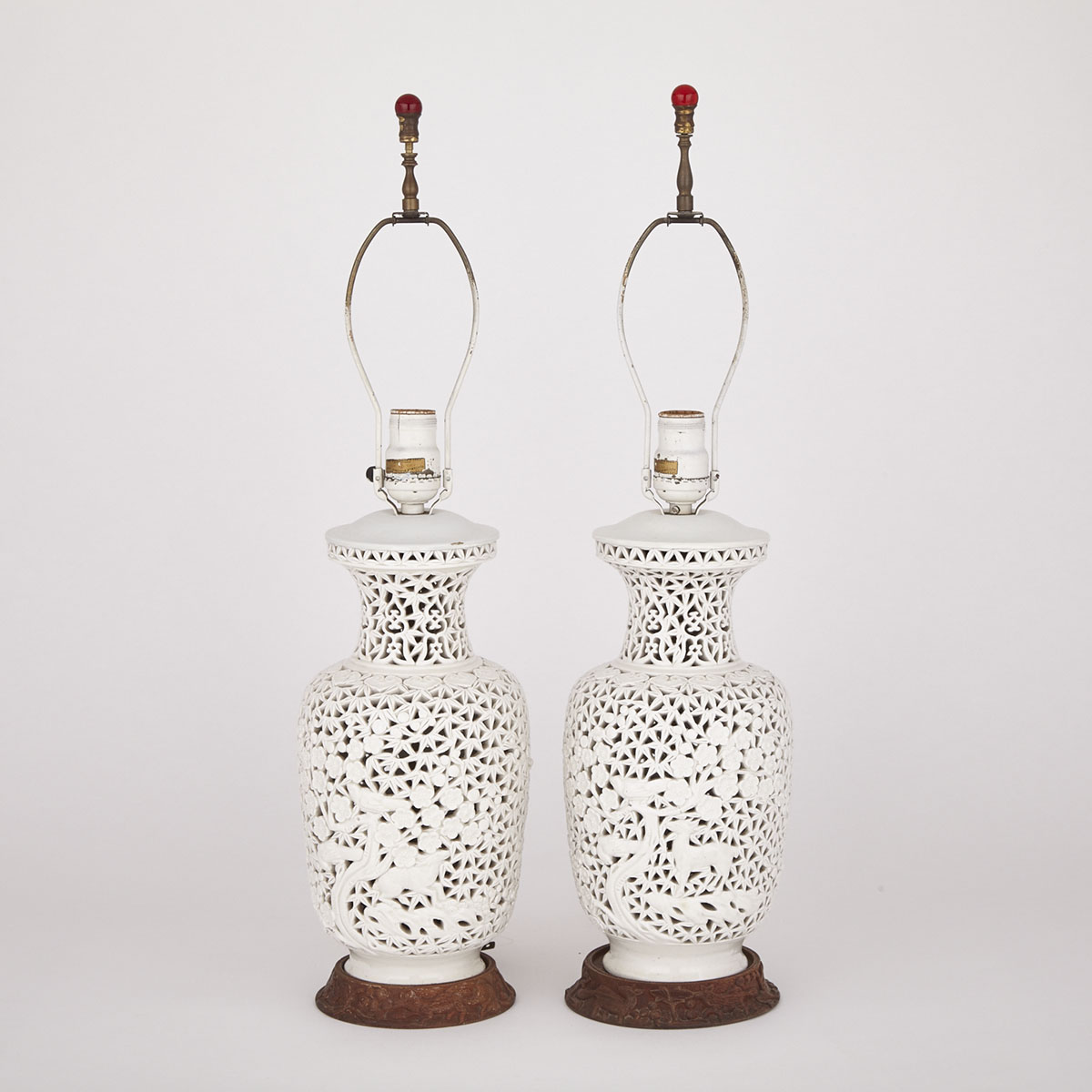Pair of White Glazed Porcelain Lamps, early 20th Century