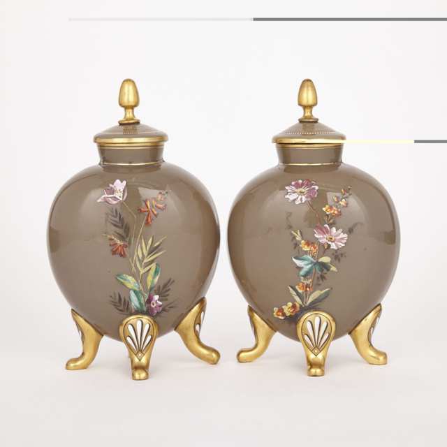 Pair of Continental Enameled and Gilt Brown Opaline Glass Vases and Covers, late 19th century