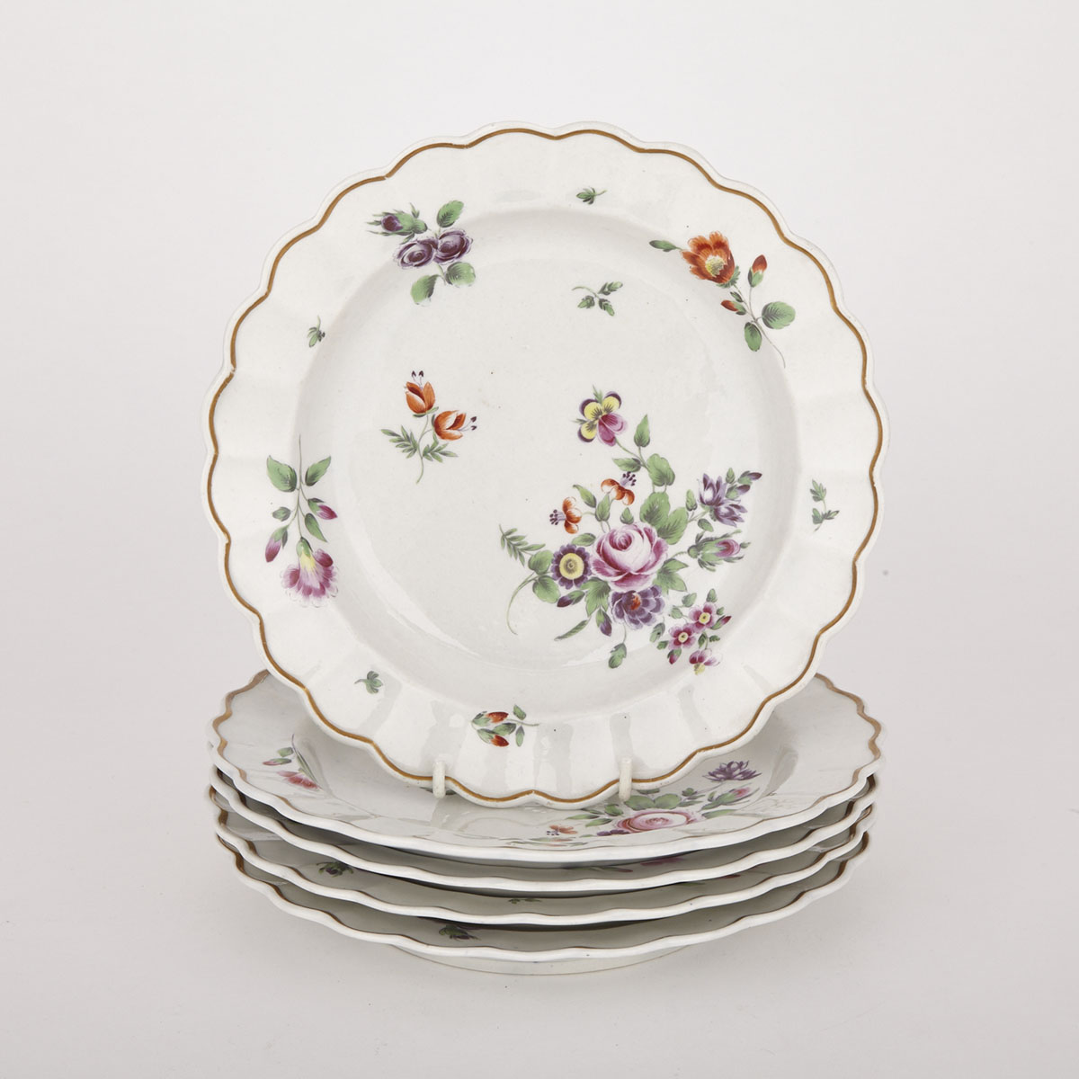 Five Worcester Flower-Painted Scalloped Plates, c.1770