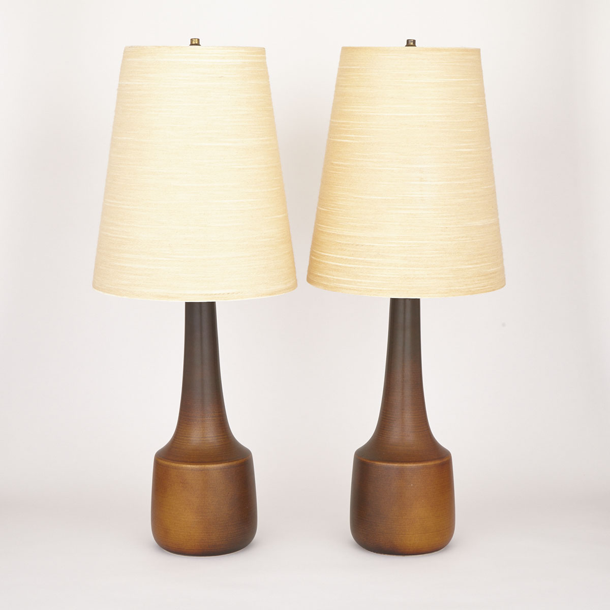 Pair of Lotte & Gunnar Bostlund  Ceramic Table Lamps with Original Wool Wrapped Fiberglass Shades, mid 20th century