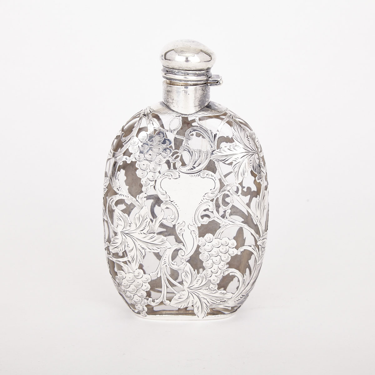 American Silver Overlaid Glass Spirit Flask, Alvin Manufacturing Co., c.1900