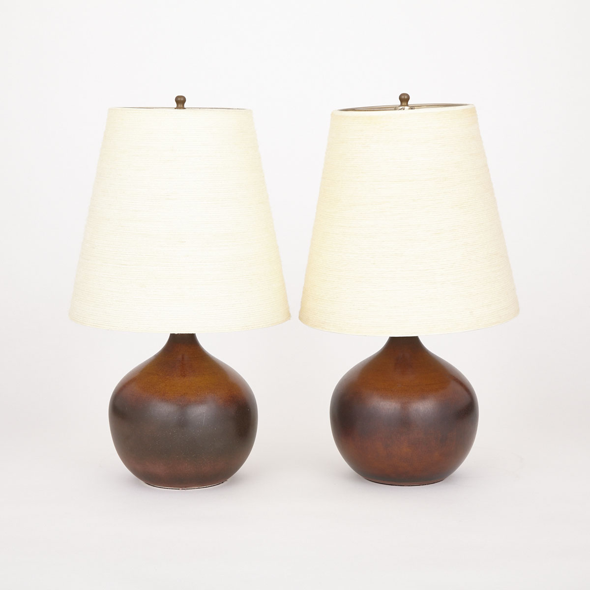 Pair of Lotte & Gunnar Bostlund Ceramic Bedside Table Lamps with Original Wool Wrapped Fiberglass Shades, mid 20th century