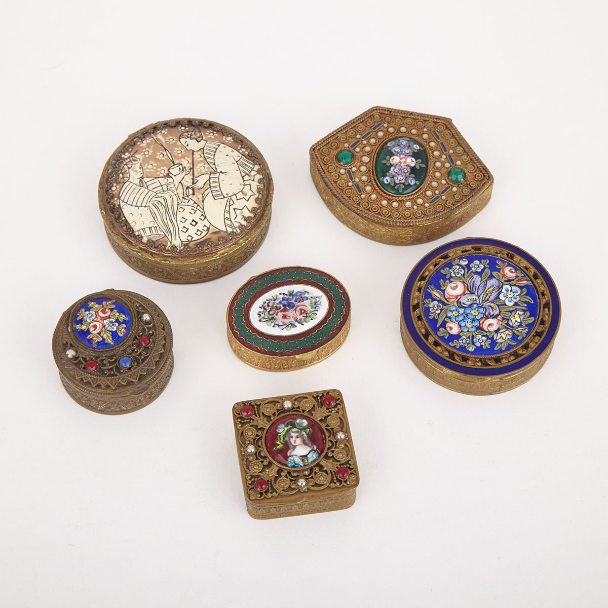 Group of Six Enameled Gilt Metal Patch Boxes, 20th century
