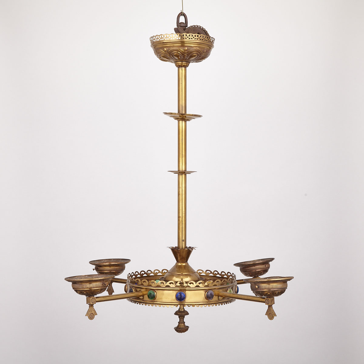 Victorian Aesthetic Movement Brass Four Lamp Chandelier, 2nd half, 19th century