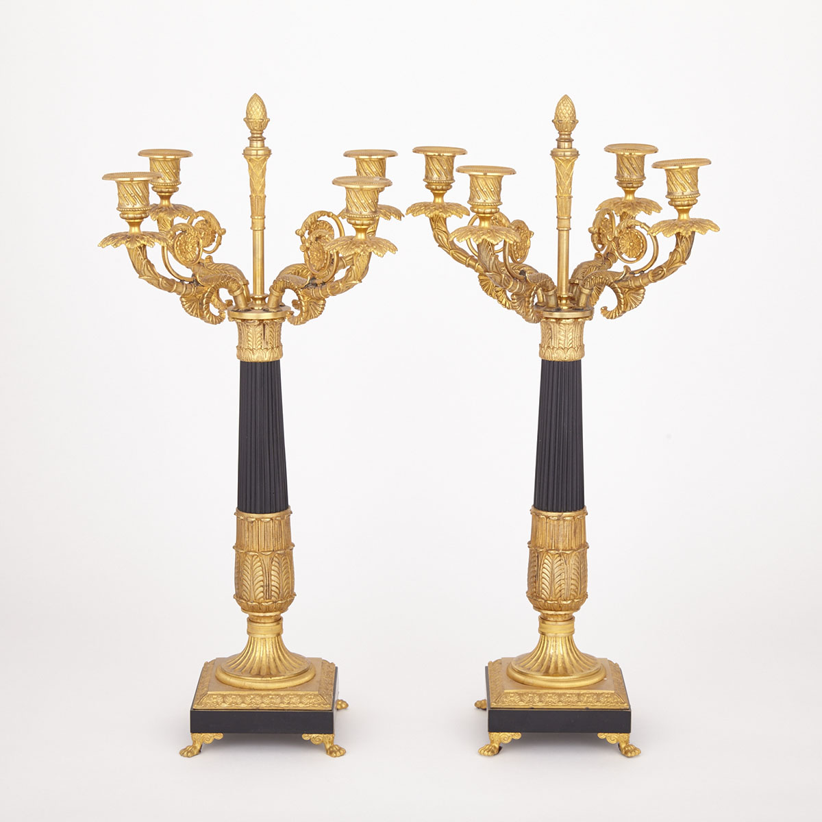 Pair of French Empire Style Gilt and Patinated Bronze Four Light Candelabra, 20th century