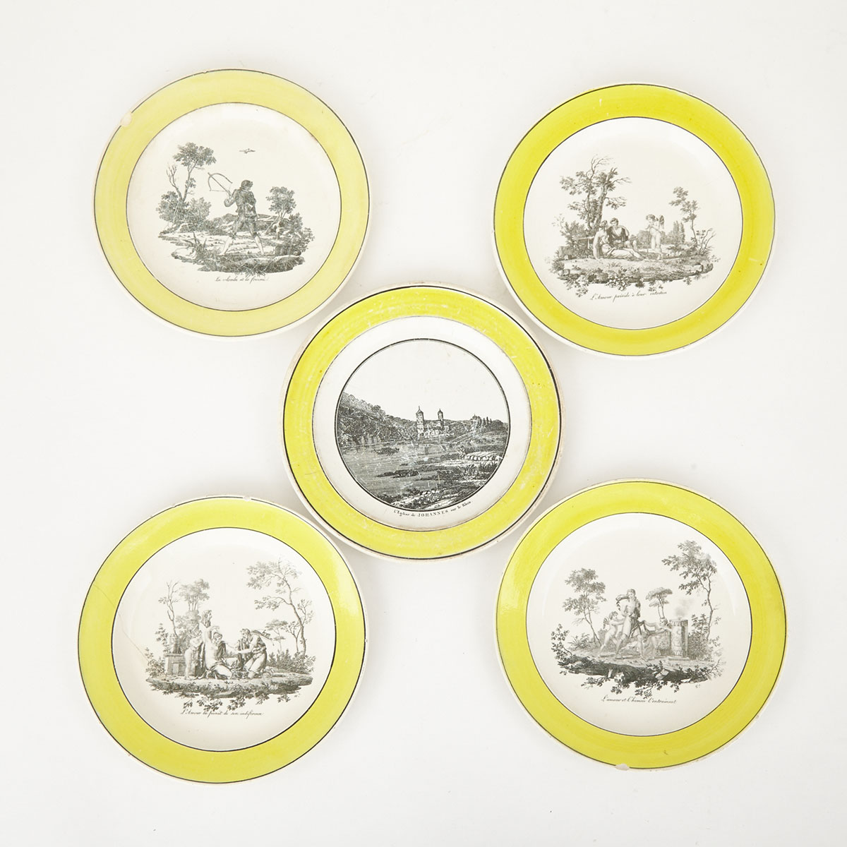 Five Creil Yellow Banded and Black Printed Creamware Plates, 19th century