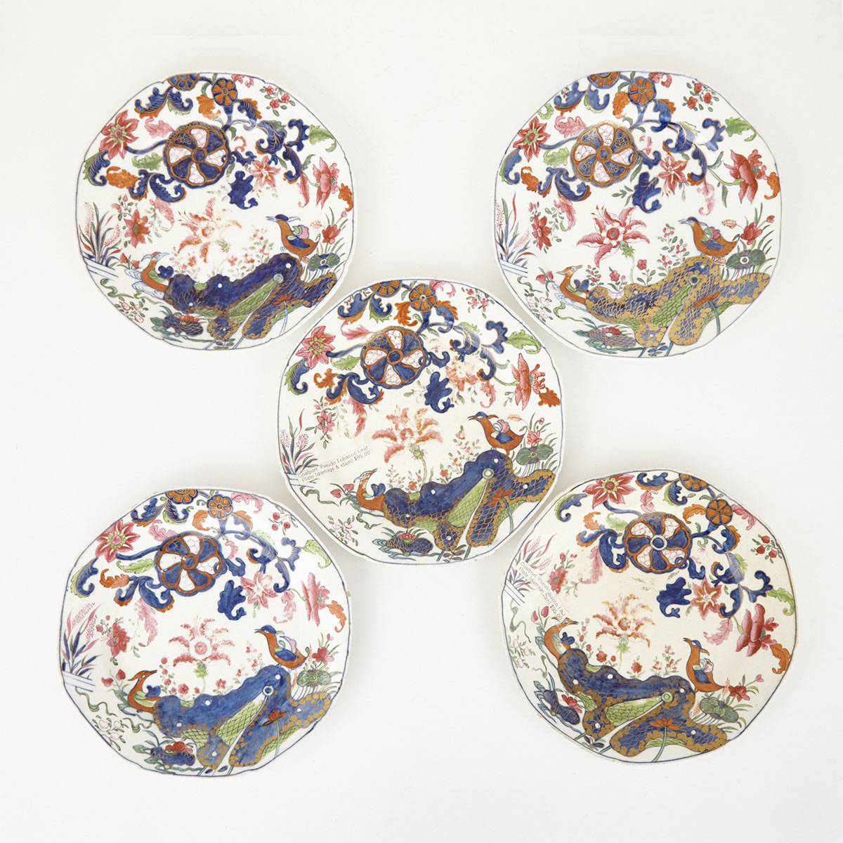 Five English Porcelain Pseudo ‘Tobacco Leaf’ Pattern Plates, 19th century