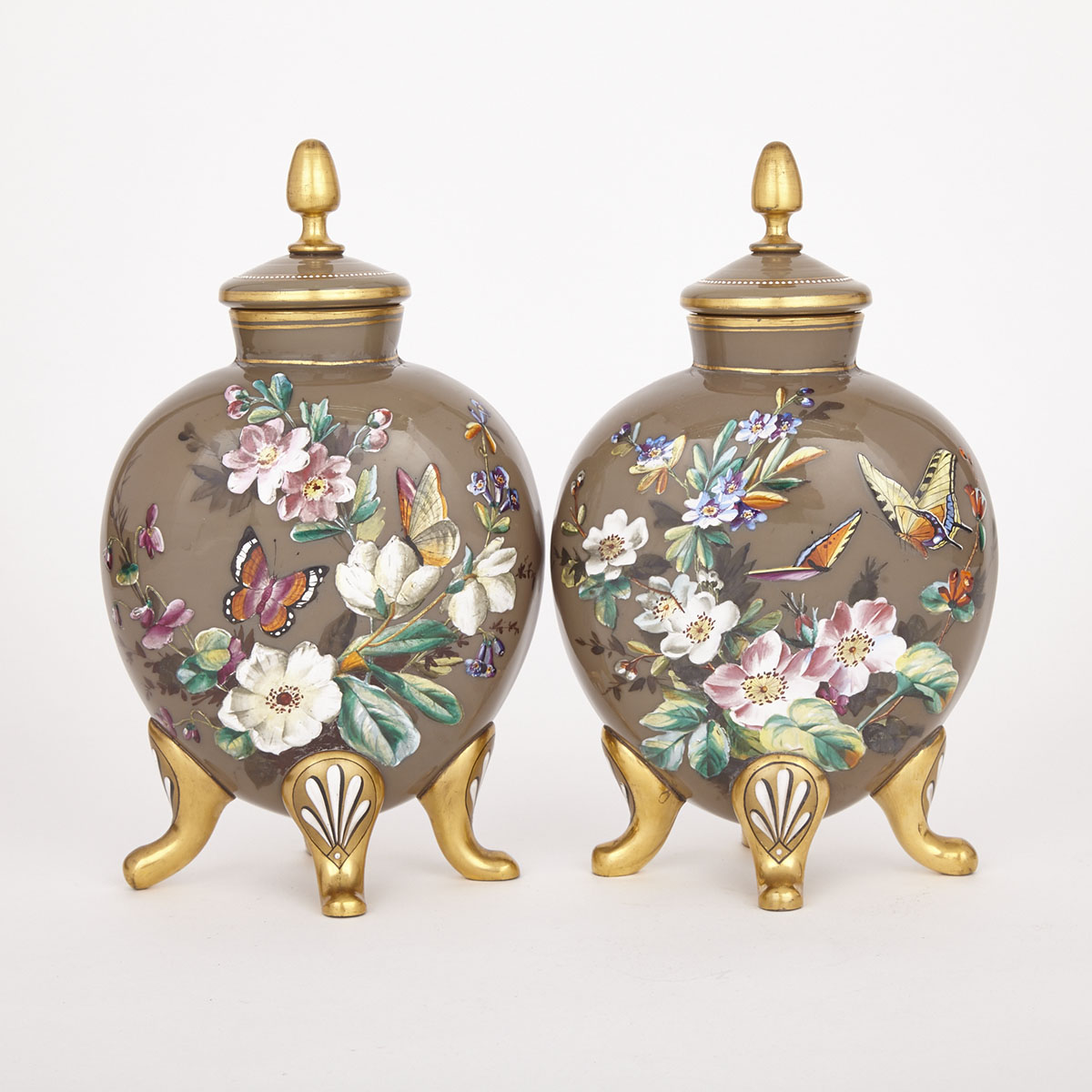 Pair of Continental Enameled and Gilt Brown Opaline Glass Vases and Covers, late 19th century