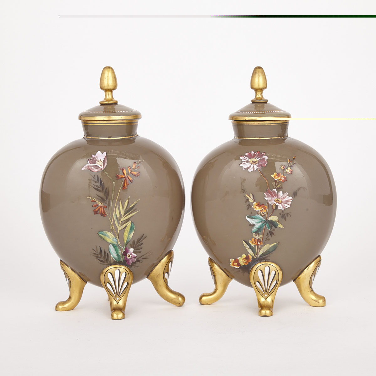 Pair of Continental Enameled and Gilt Brown Opaline Glass Vases and Covers, late 19th century