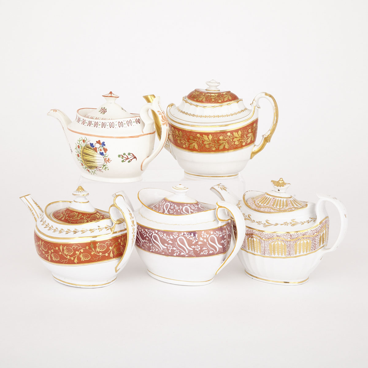 Five English Porcelain Tea Pots, 19th century