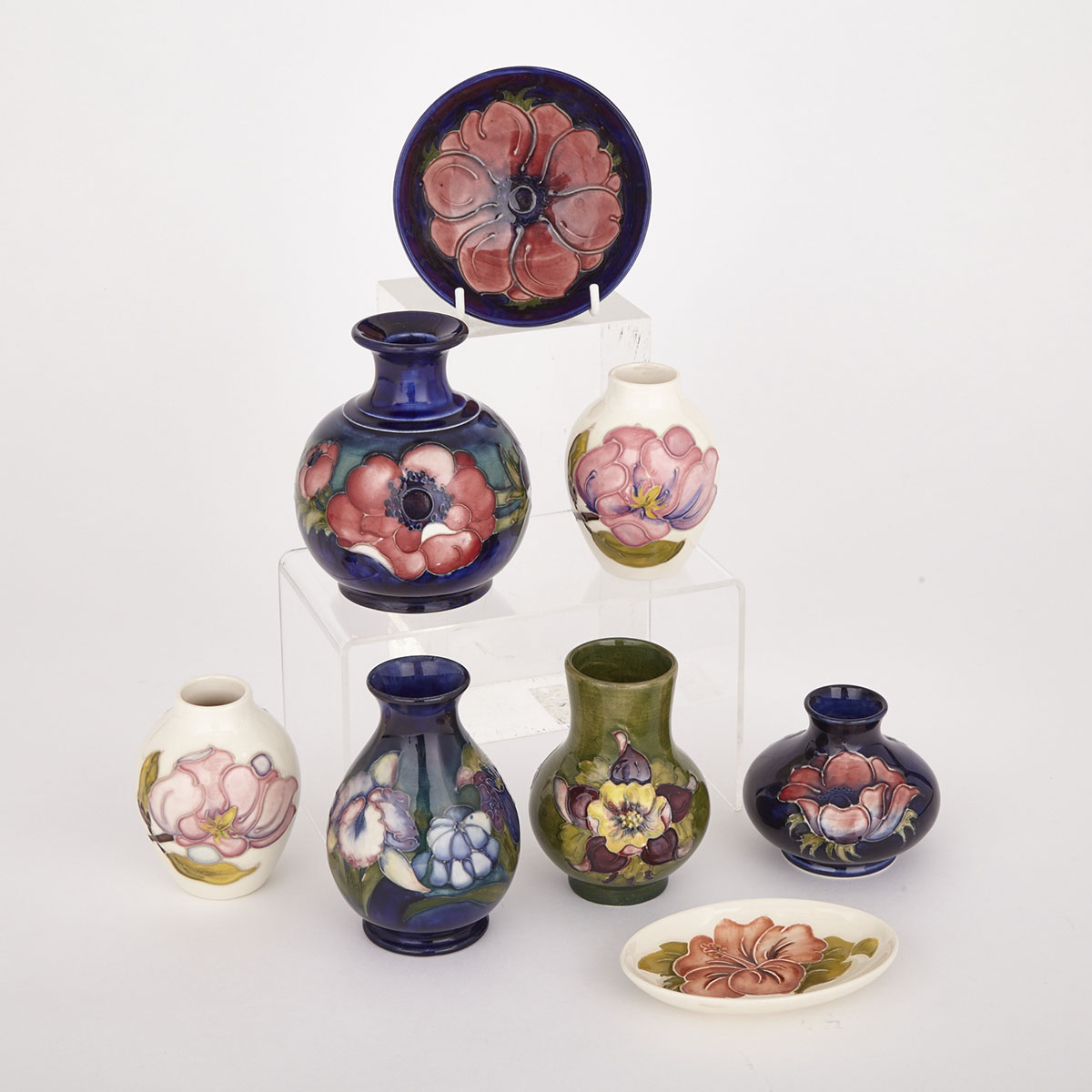 Group of Five Moorcroft Vases, Two Dishes and a Scent Bottle, 20th century