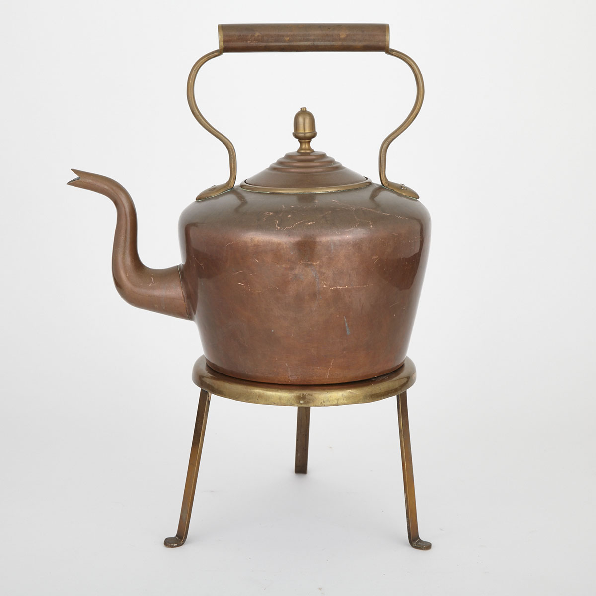 Large Brass Mounted Copper Kettle on Stand, 19th century