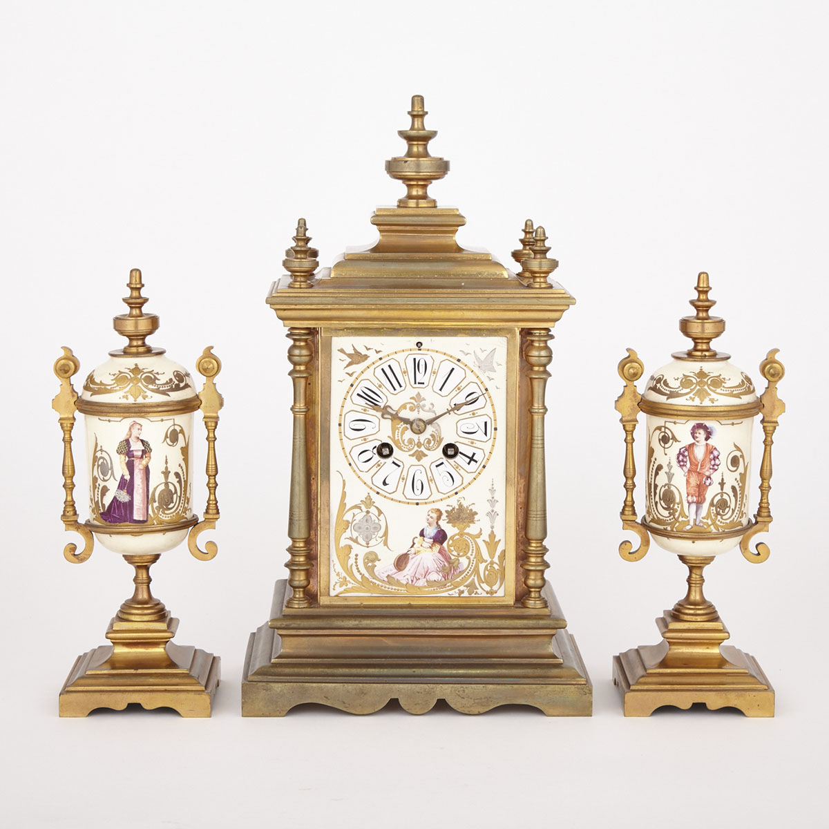 Three Piece French Painted Earthenware Mounted Gilt Bronze Mantel Clock Garniture, c.1870