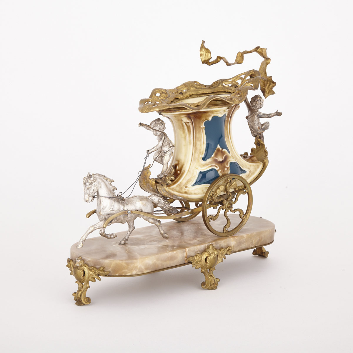 Austrian Silvered and Gilt Bronze Mounted Pottery Carriage Form Centerpiece Vase, early 20th century