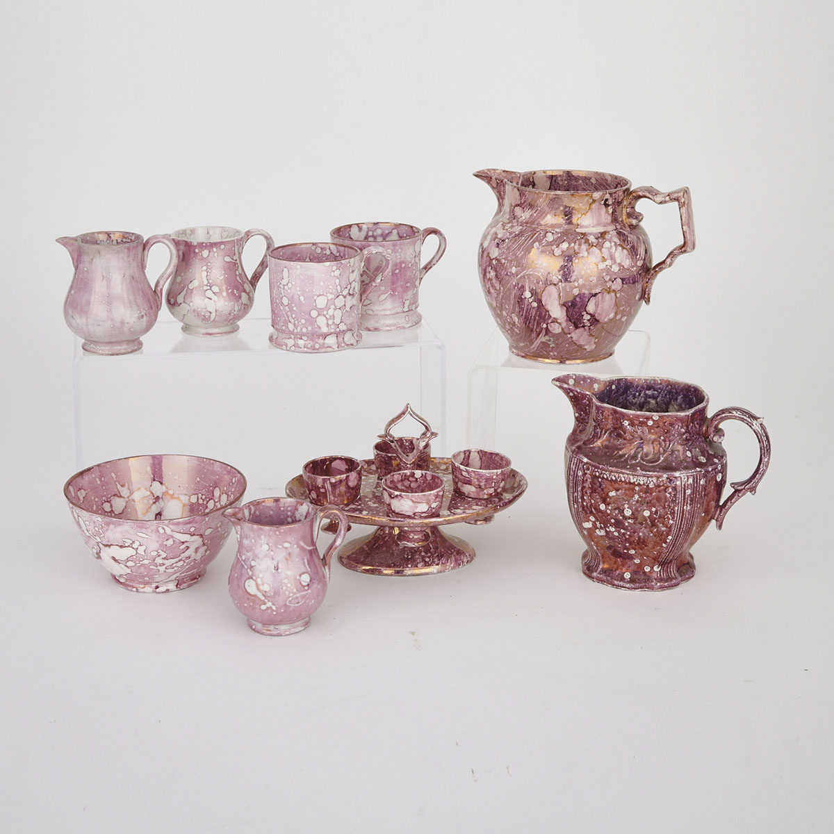Group of English Spattered Pink Lustre Decorated Table Articles, 19th century