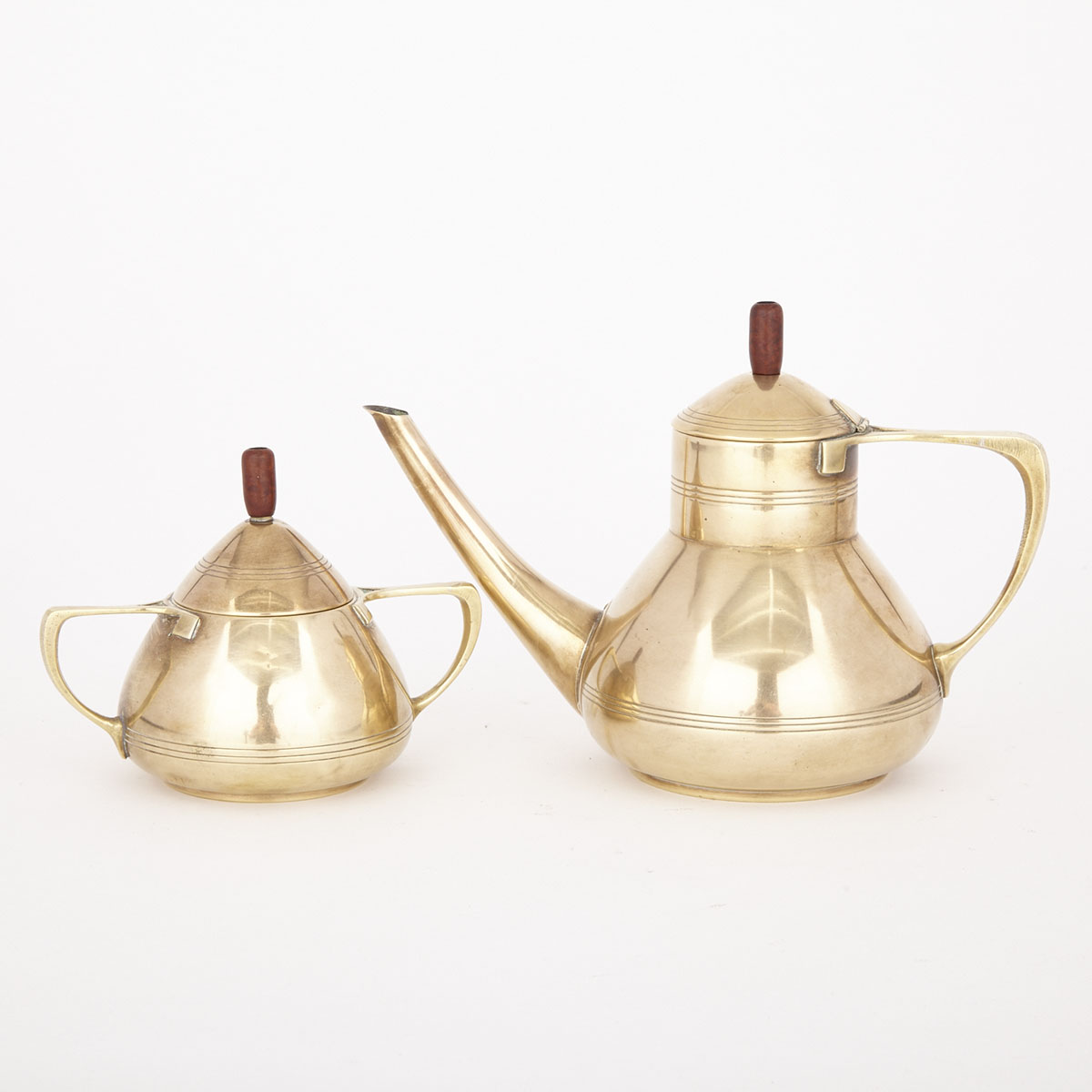 WMF Jungendstil Spun Brass Tea Pot and Covered Sugar Bowl, Württembergische Metallwarenfabrik , early 20th century