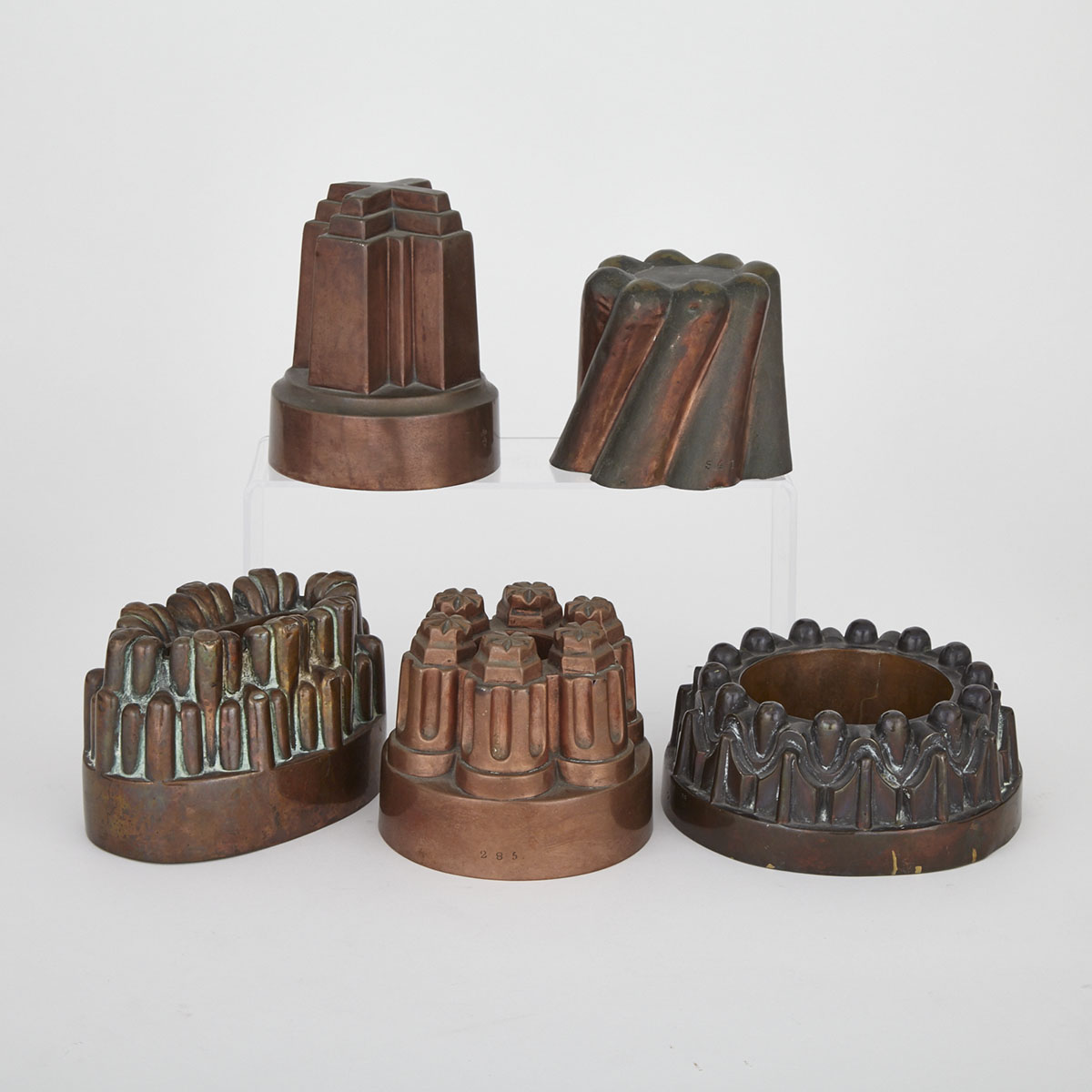 Collection of Five English Copper Jelly Moulds, 19th century
