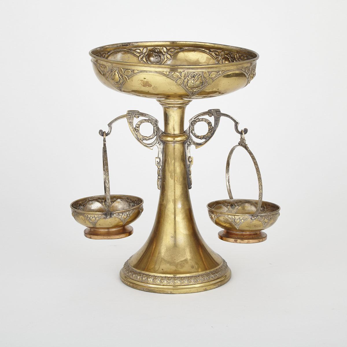 Three Piece Austrian Secessionist Silvered and Polished Brass Table Centerpiece Compot, c.1900