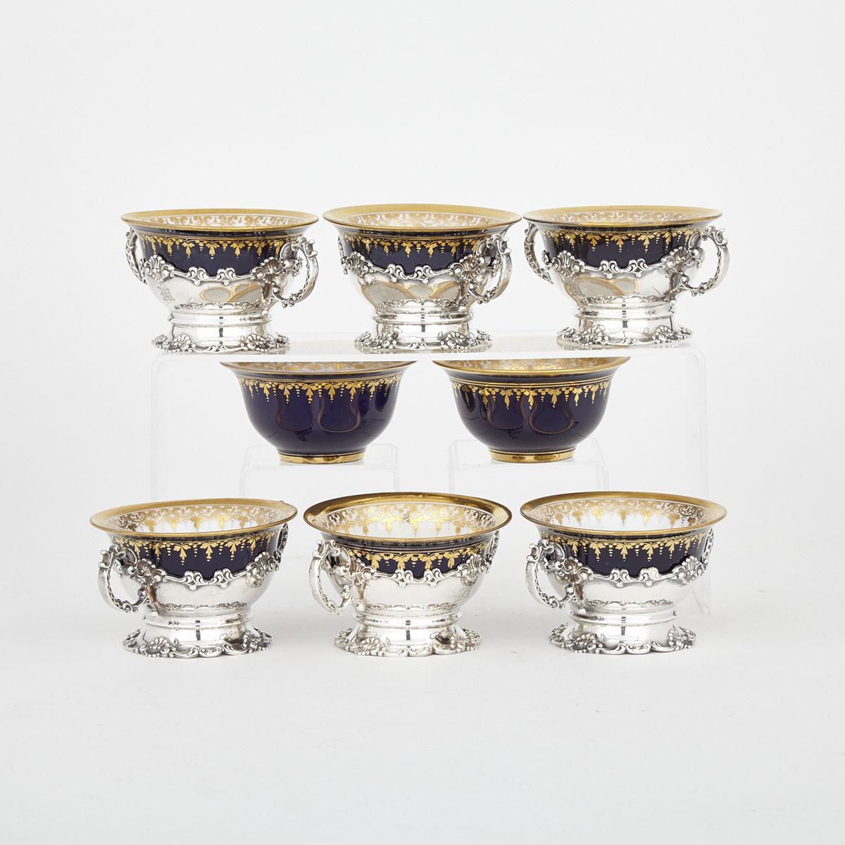 Six Canadian Silver Two-Handled Dessert Cup Frames, Henry Birks & Sons, Montreal, Que. with Eight Dresden Liners, 20th century
