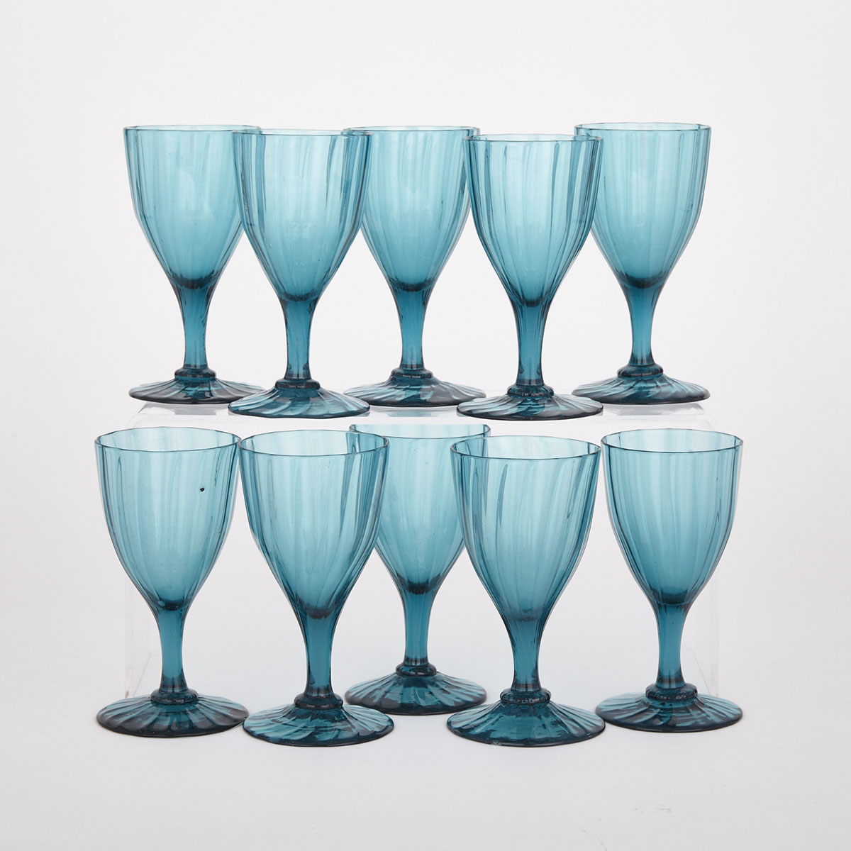 Ten Fluted Blue-Green Glass Wines, 19th century