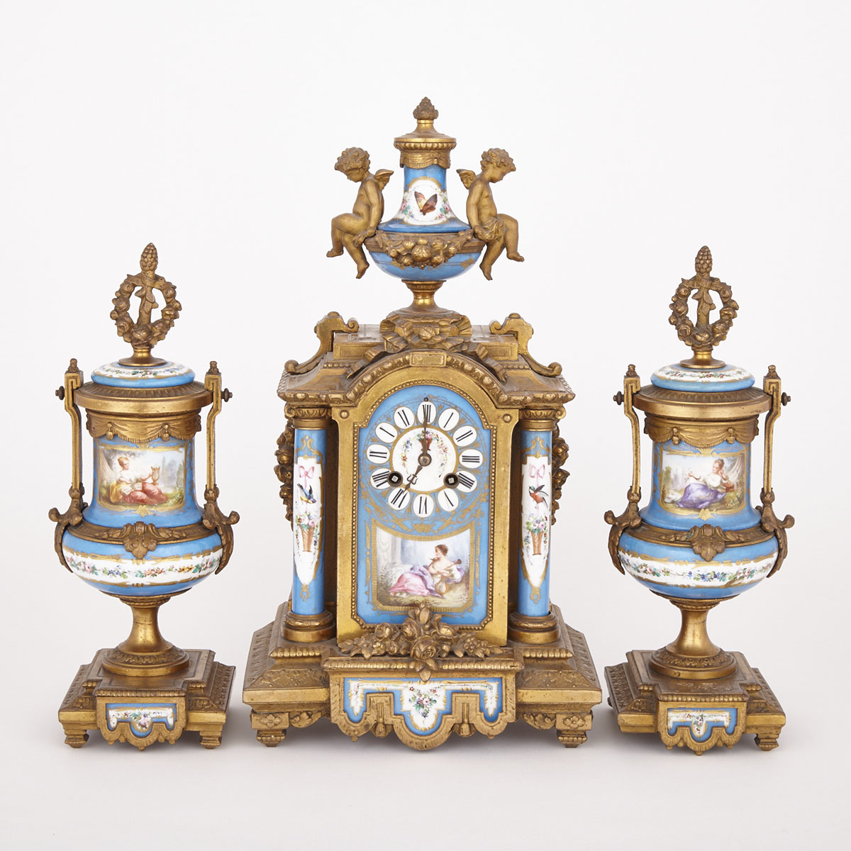 Napoleon III Sevres Porcelain Mounted Gilt Metal Mantle Clock Garniture, c.1870