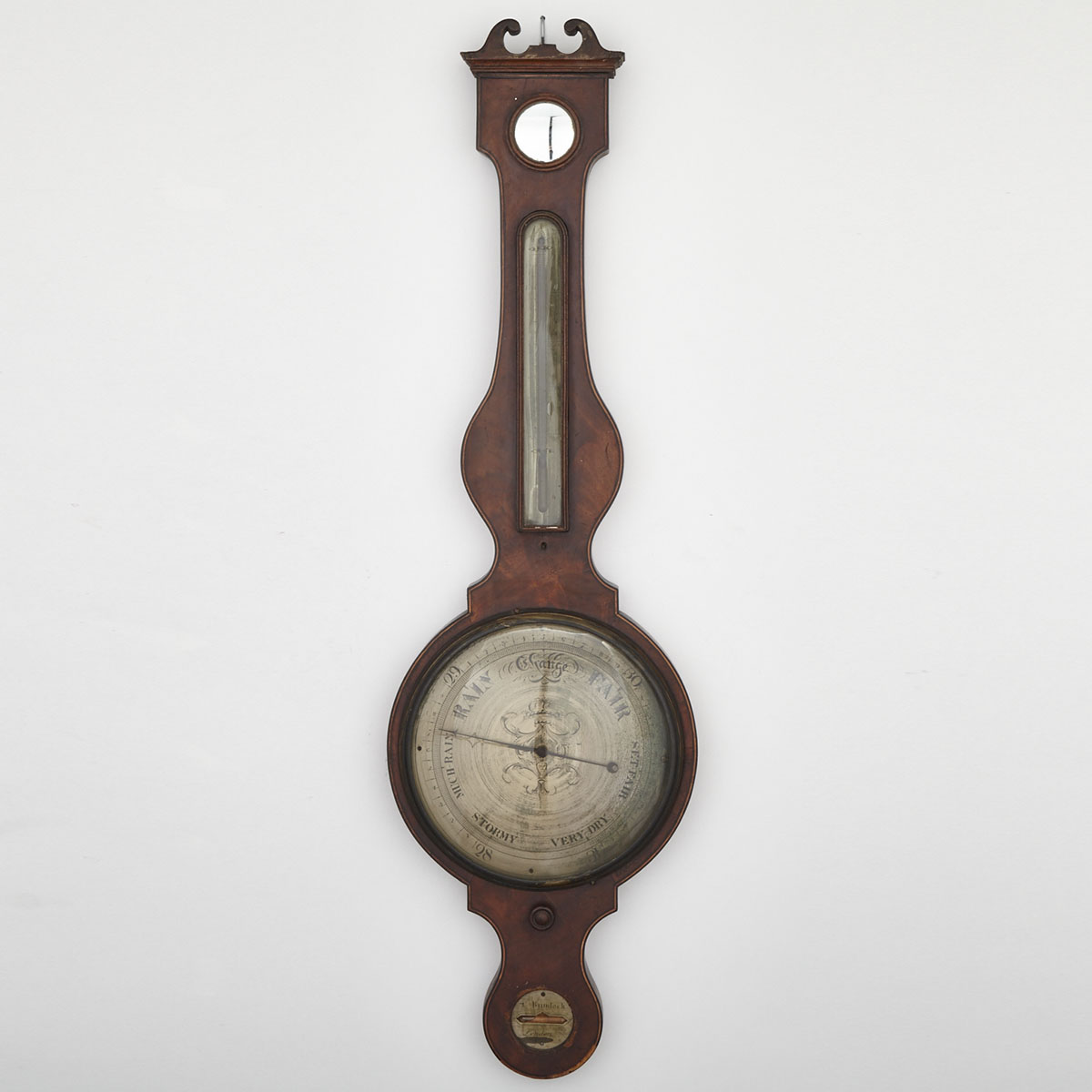 Georgian Flame Mahogany Wheel Barometer, C. Bundock, London, ealry 19th century