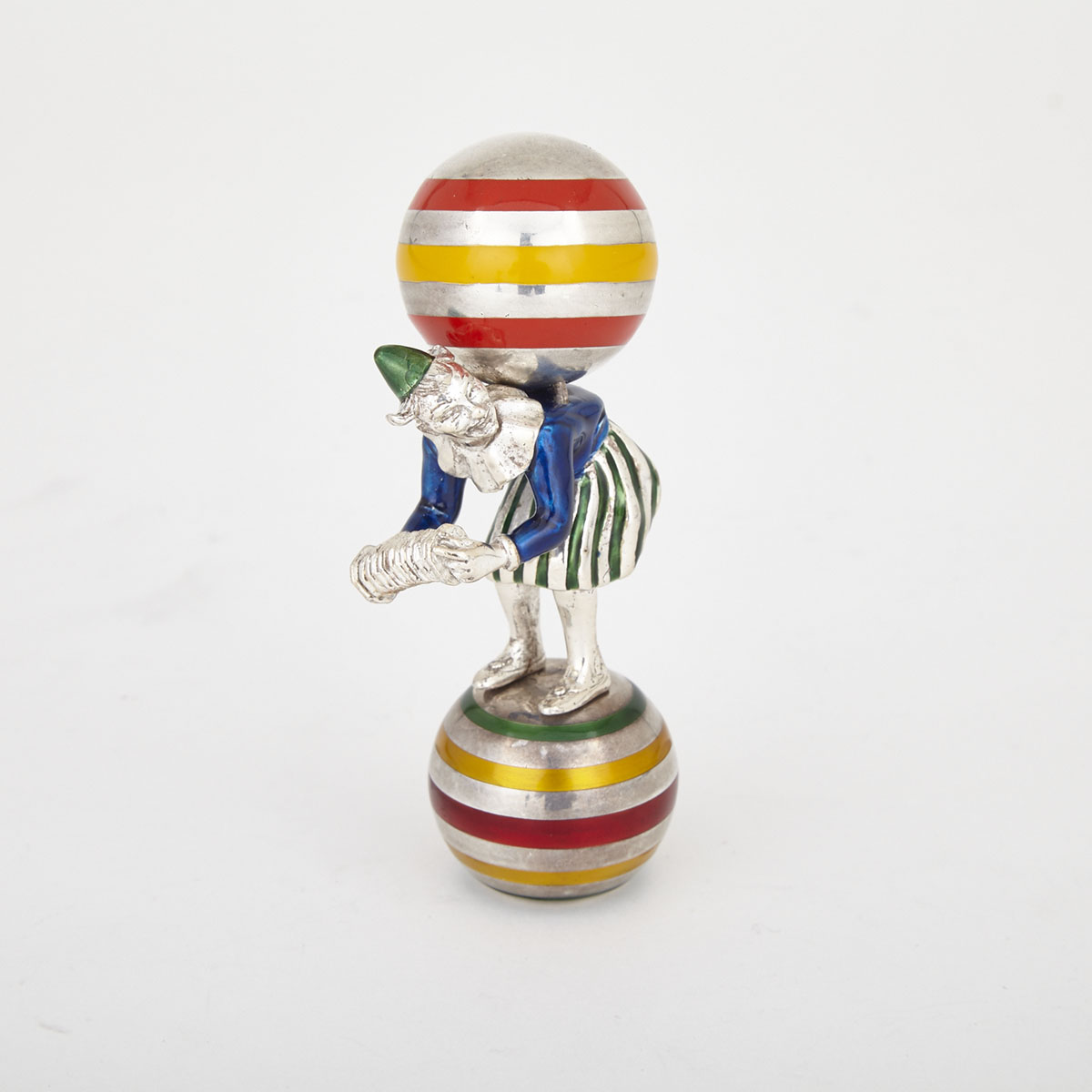 Italian Silver and Enamel Circus Clown with Accordion and Two Large Balls, Gene Moore for Tiffany & Co., New York, c.1988