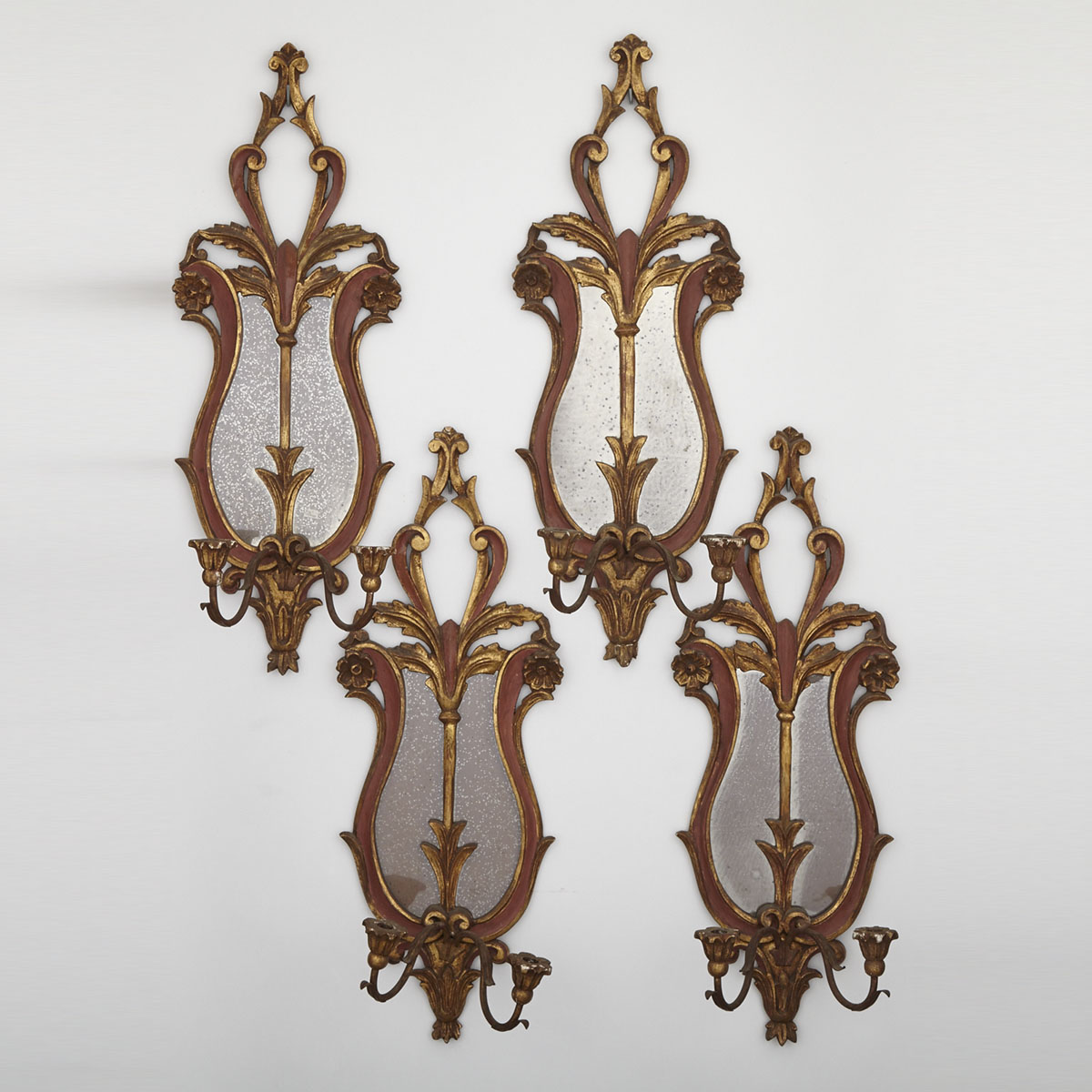 Set of Four Parcel Painted Giltwood Mirror Back Wall Sconces, mid 20th century