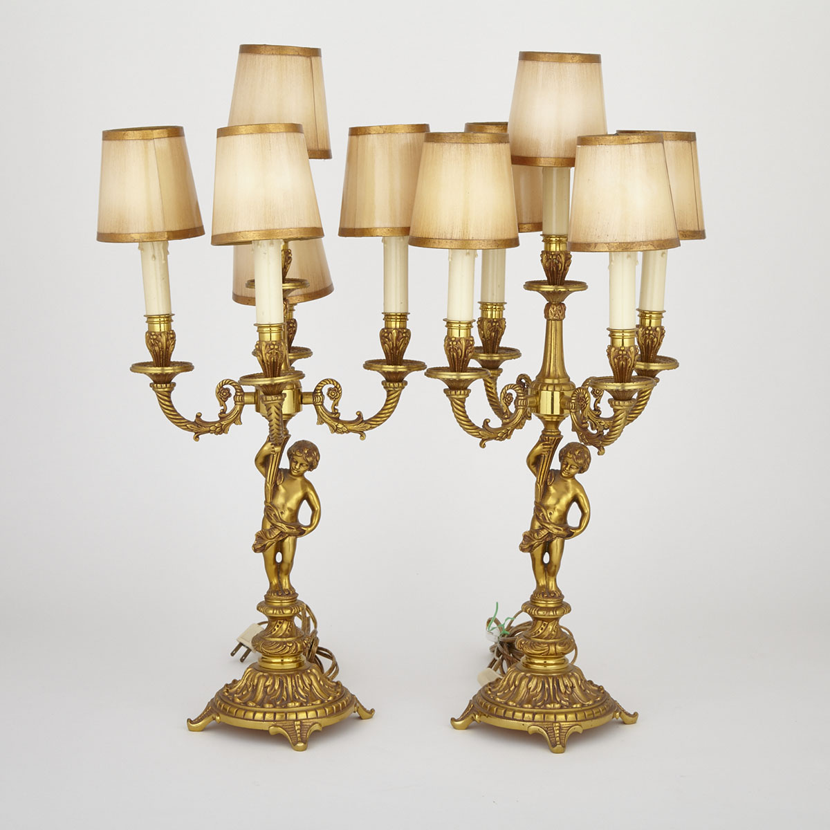 Pair of Continental Gilt Bronze Figural Candelabra Table Lamps, mid 20th century