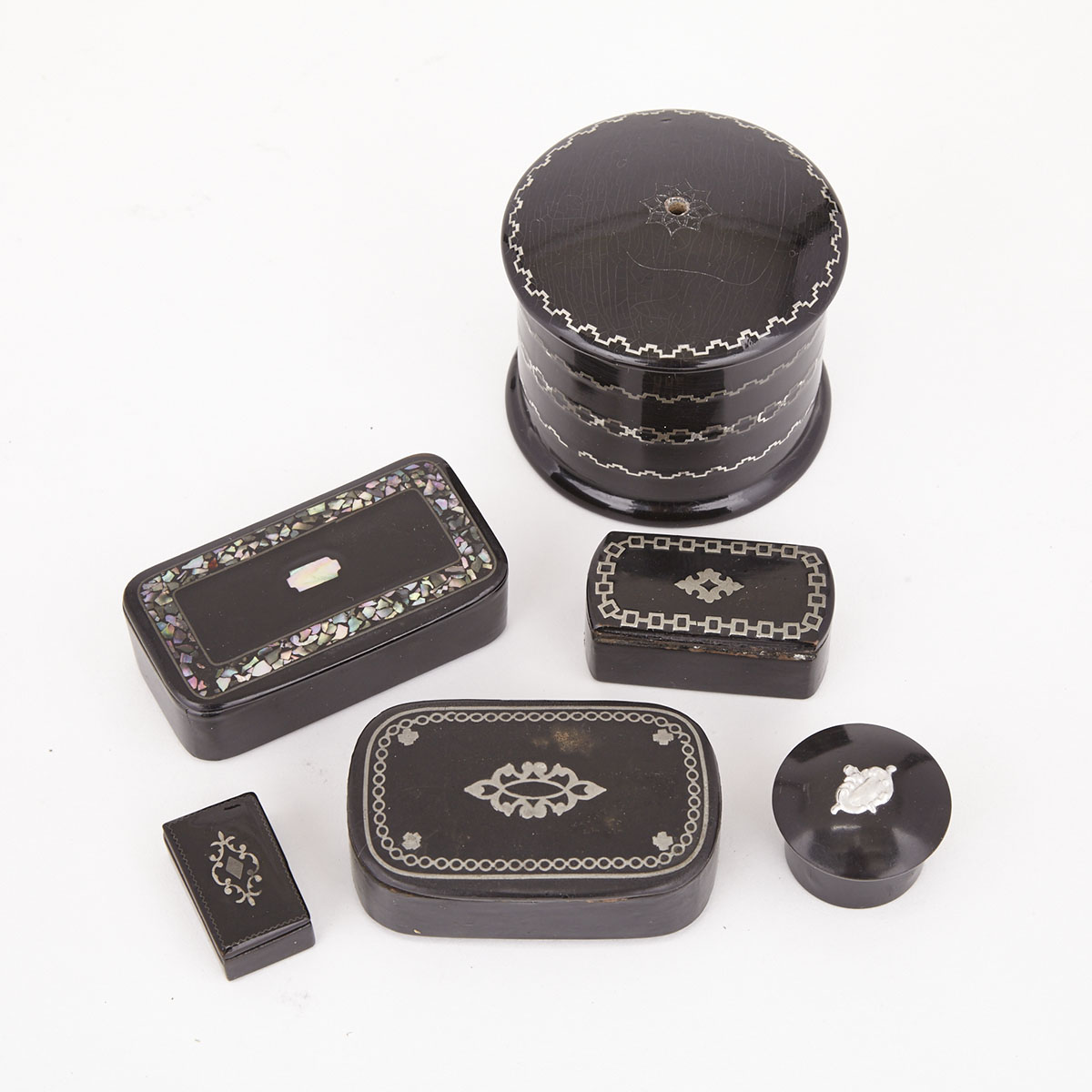Group of Victorian Silver and Mother of Pearl inlaid black lacquer Boxes, 19th century