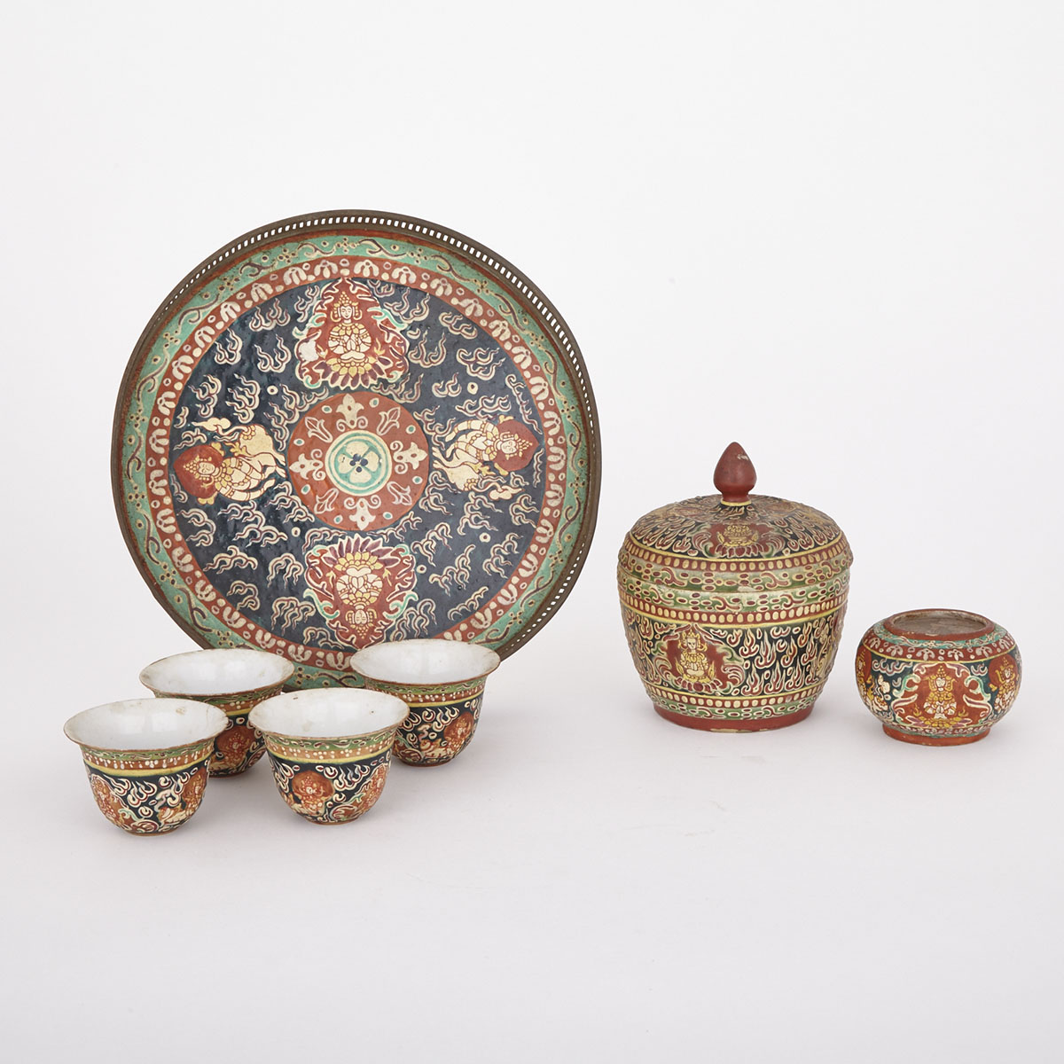 Thai Porcelain and Copper Serving Set, Siam, Early 20th Century