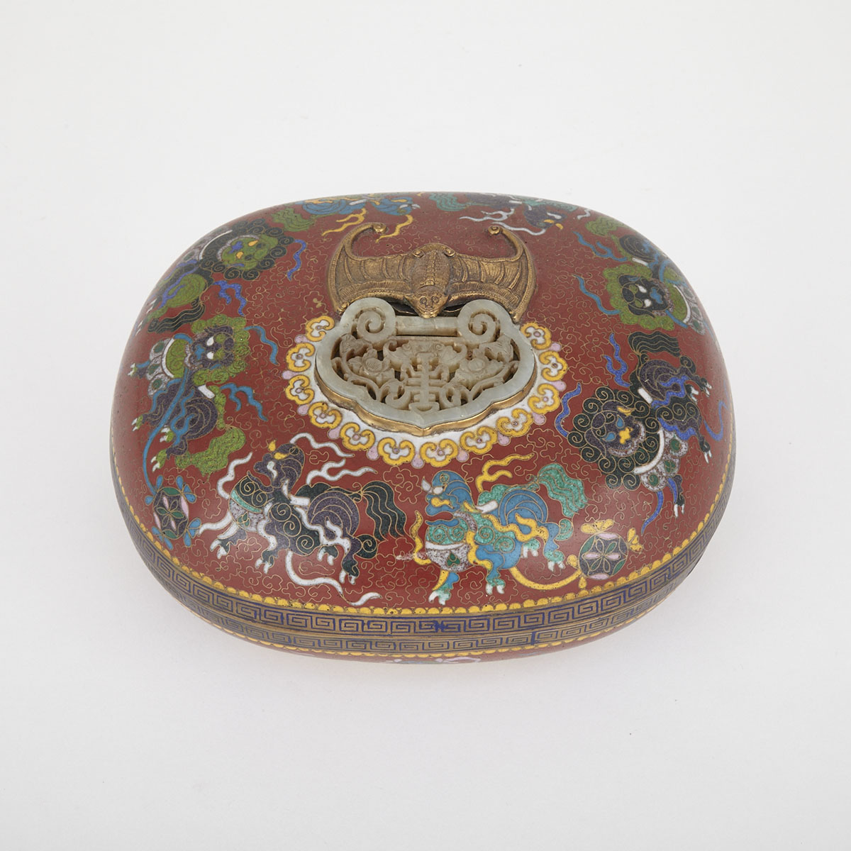 Cloisonne Box with Bat and Jade Plaque (Jade 19th Century, Box Early 20th Century)