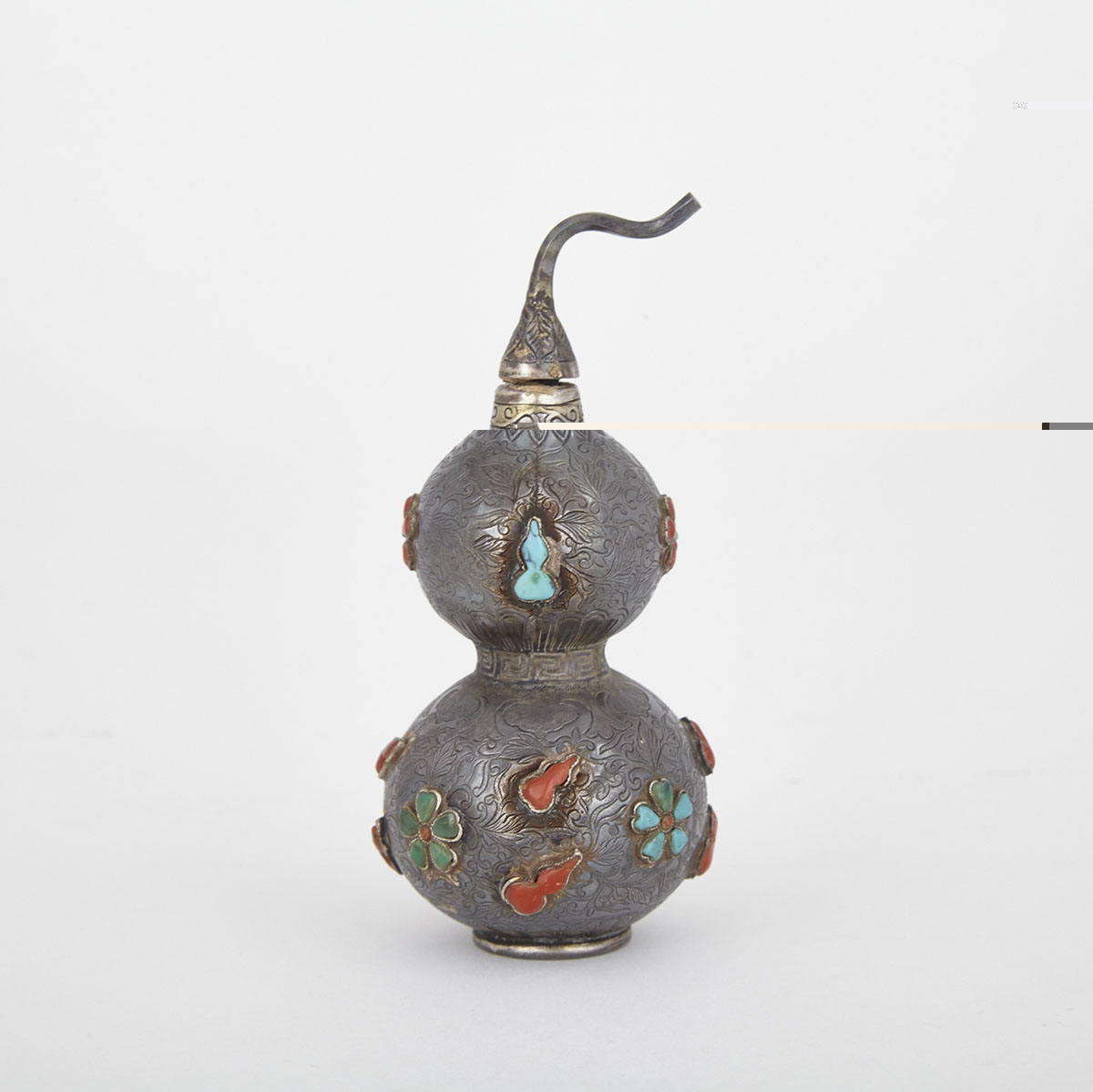 Sino-Tibetan Silver Gemstone Inlaid Double Gourd Snuff Bottle, Early 20th Century
