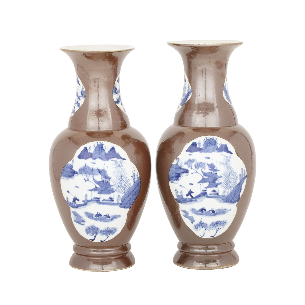A Pair of Cafe au Lait Landscape Baluster Vases, Early 20th Century