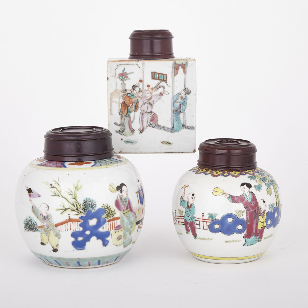 Two Famille Rose Covered Jars and One Tea Bottle, 18th Century 