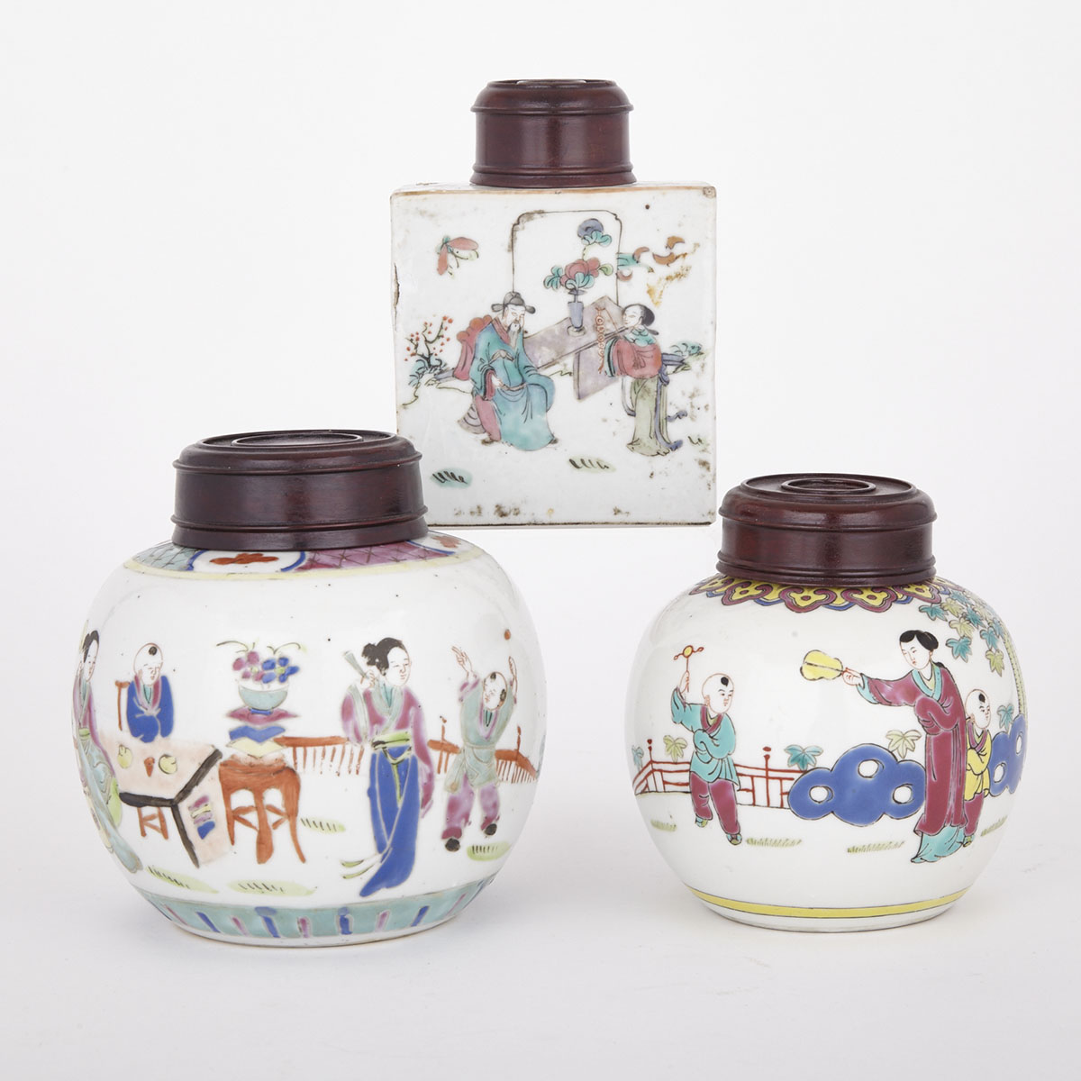Two Famille Rose Covered Jars and One Tea Bottle, 18th Century 