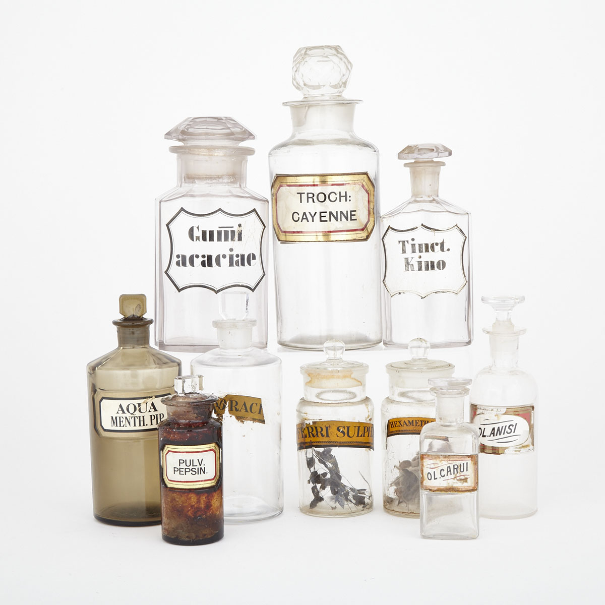 Group of Ten Glass Pharmaceutical Chemist’s Bottles, 19th/early 20th century