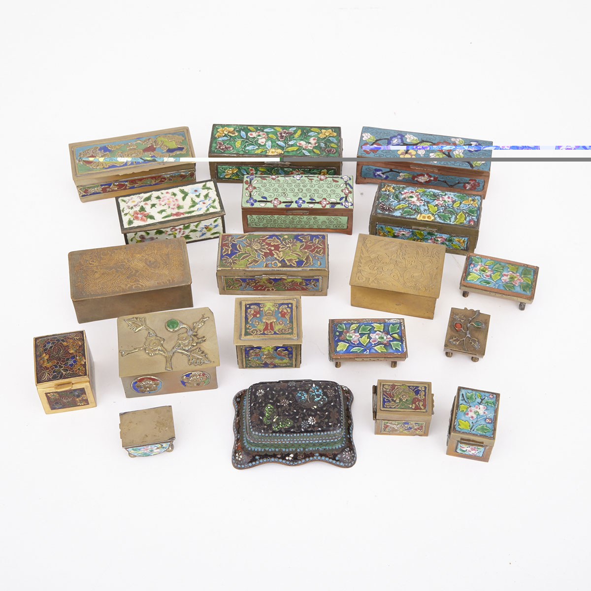 Collection of 18 Chinese Metal Stamp Boxes, 19th/early 20th century