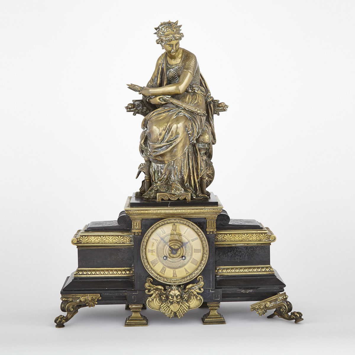 Large Napoleon III Neo-Grec Patinated Bronze and Belgian Black Marble Mantle Clock, c.1875