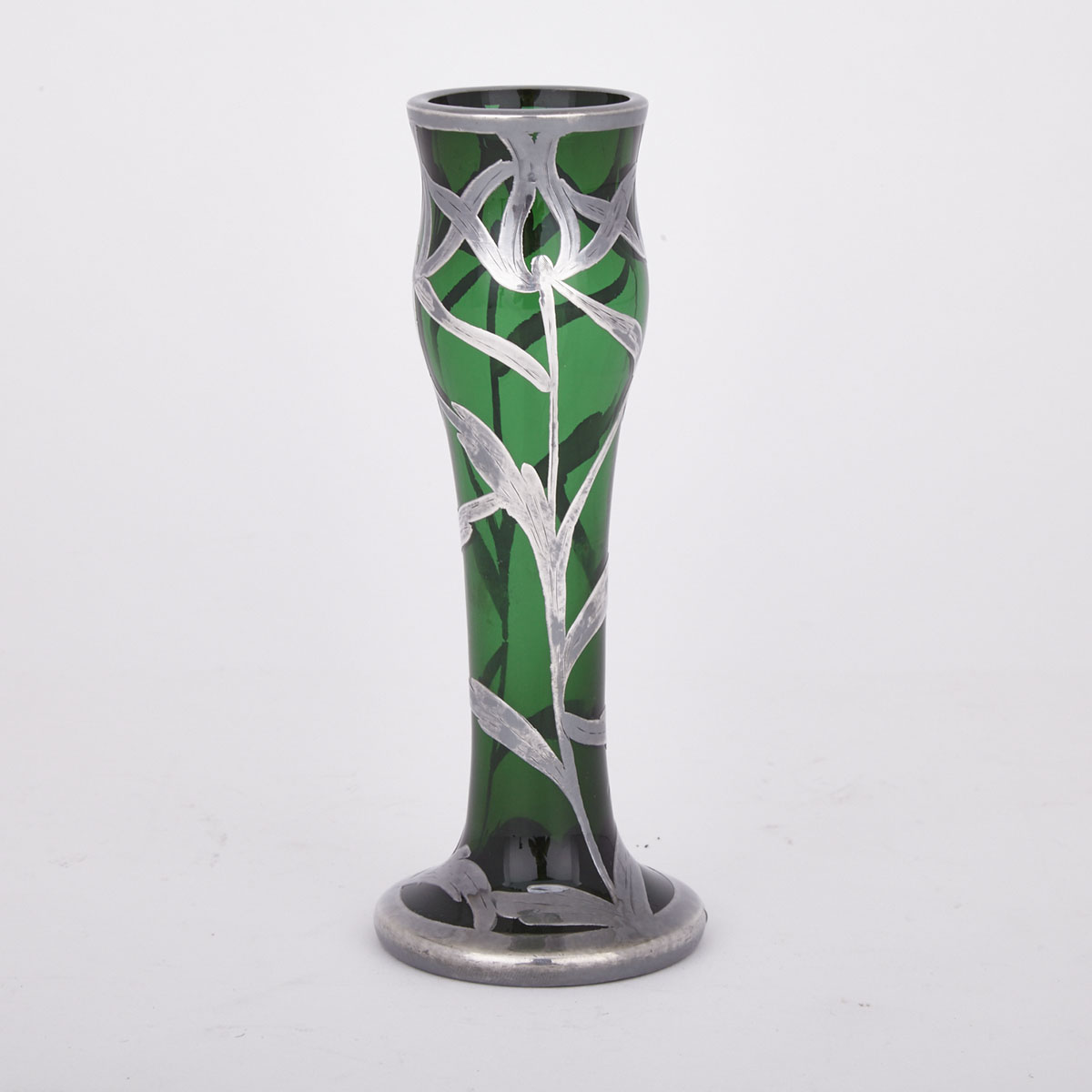 American Silver Overlaid Green Glass Vase, early 20th century
