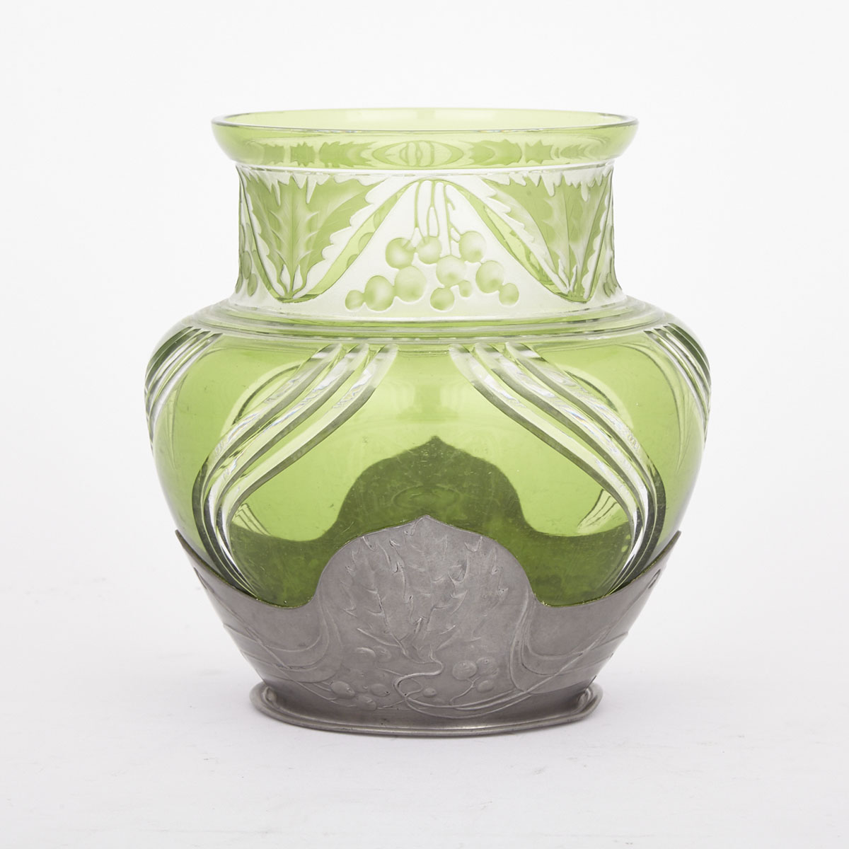 ‘Orivit’ Pewter Mounted Green Overlaid and Cut Glass Vase, early 20th century